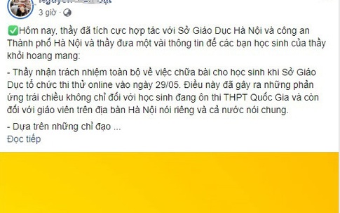 Thầy giáo "hot" Facebook cho học sinh chép đáp án thi khảo sát đã làm việc với công an và viết... tâm thư