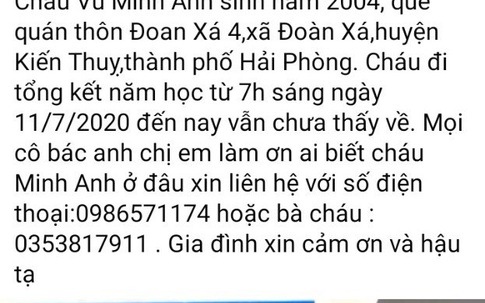 Đã tìm thấy nữ sinh Hải Phòng mất tích sau tiệc liên hoan tổng kết năm học