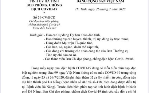 Bí thư Tỉnh ủy Hà Tĩnh ra công điện khẩn về phòng chống dịch COVID-19