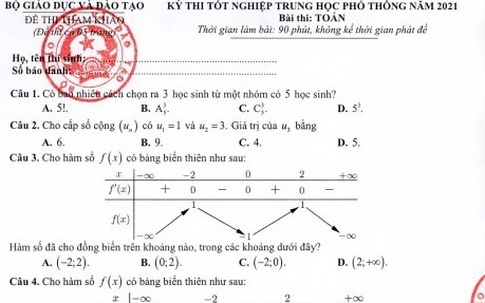 Đề tham khảo môn Toán 2021 có sự phân hóa mạnh hơn đề thi chính thức năm 2020