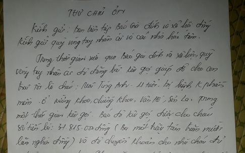 Mẹ bé ung thư xúc động viết thư cảm ơn tới Báo Gia đình và Xã hội cùng các bạn đọc sau khi nhận được sự quan tâm