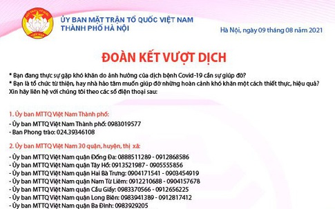 Hà Nội công bố số điện thoại hotline hỗ trợ các hoàn cảnh khó khăn do dịch COVID-19