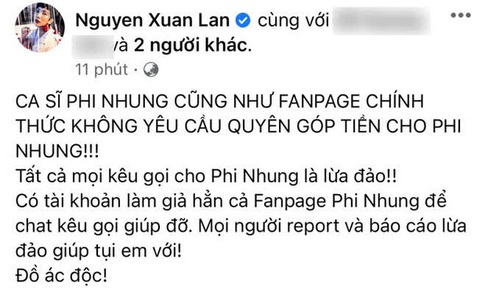 Xuân Lan bức xúc thông báo có kẻ xấu lập tài khoản kêu gọi ủng hộ Phi Nhung, khẳng định tất cả đều là lừa đảo
