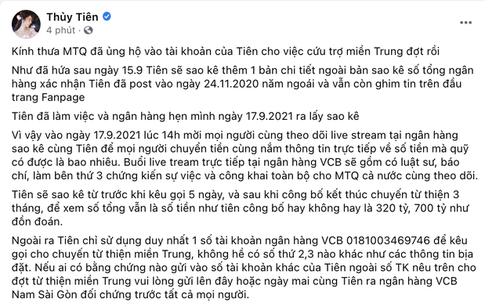 Thuỷ Tiên: 'Tôi sẽ sao kê, để xem tổng số tiền như công bố hay 320 tỷ, 700 tỷ như đồn đoán'