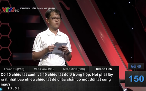 Câu hỏi Olympia siêu hack não: "Phải lấy ra ÍT NHẤT mấy chiếc tất để có 1 đôi cùng màu?"