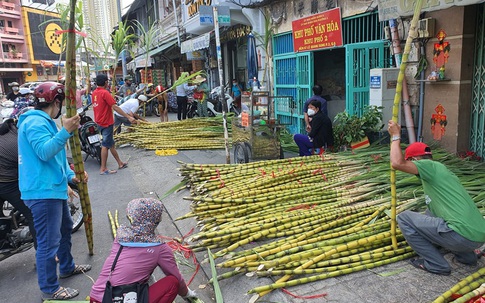 Người dân tấp nập đi mua mía vàng trước ngày cúng vía Trời Mùng 9 tháng Giêng