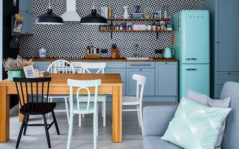 Căn hộ 55m² dùng màu xanh pastel làm điểm nhấn