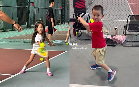 Biểu cảm trái ngược của cặp song sinh nhà Hồ Ngọc Hà khi chơi pickleball