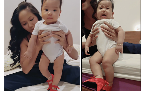 Con gái H'Hen Niê gây sốt với biểu cảm hài hước khi đi giày cao gót