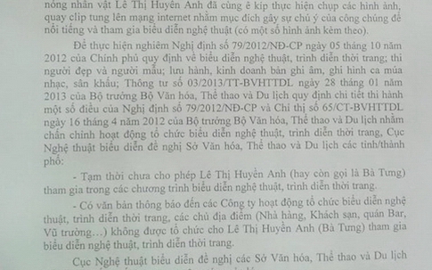 Công văn hỏa tốc cấm bà Tưng biểu diễn có nội dung gì?