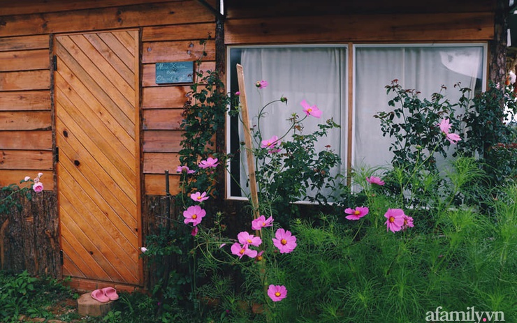 Căn nhà gỗ ở lưng chừng đồi với khoảng sân trồng rau và hoa đẹp ...