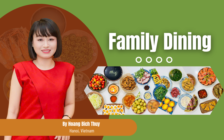 Ảnh chị Hoàng Bích Thủy ở Hà Nội bên những mâm cơm gia đình do chị chia sẻ. Các mâm cơm với nhiều món ăn quen thuộc gợi ý thực đơn gia đình, món ngon mỗi ngày và không khí quây quần ấm áp của bữa cơm Việt.